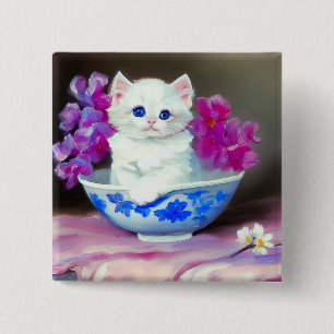 Chapa Cuadrada Gatito blanco vintage con flores rosas