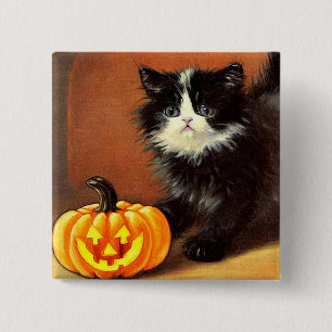 Chapa Cuadrada Gatito de Halloween blanco y negro vintage