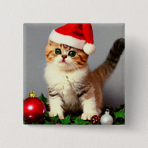 Chapa Cuadrada Gatito vintage de Navidad en Santa Hat
