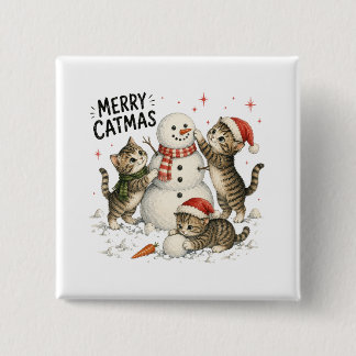 Chapa Cuadrada Gatitos de Navidad Construyendo un Muñeco de Nieve