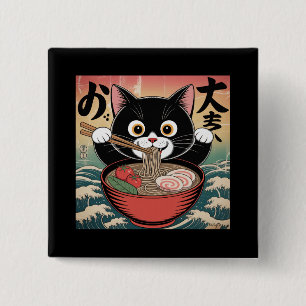Chapa Cuadrada Gato animado comiendo Ramen Gracioso Estilo Retro 