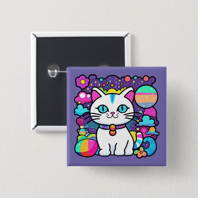 Chapa Cuadrada Gato Cósmico Blanco Adorable (Anverso y reverso)