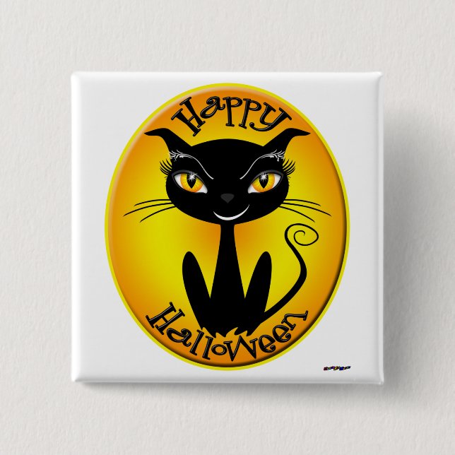 Chapa Cuadrada Gato de Halloween Feliz (Anverso)