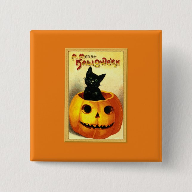 Chapa Cuadrada Gato de Halloween sentado en Jack O Lantern (Anverso)