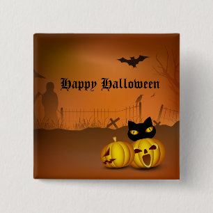 Chapa Cuadrada Gato de parche de calabaza negra feliz de Hallowee