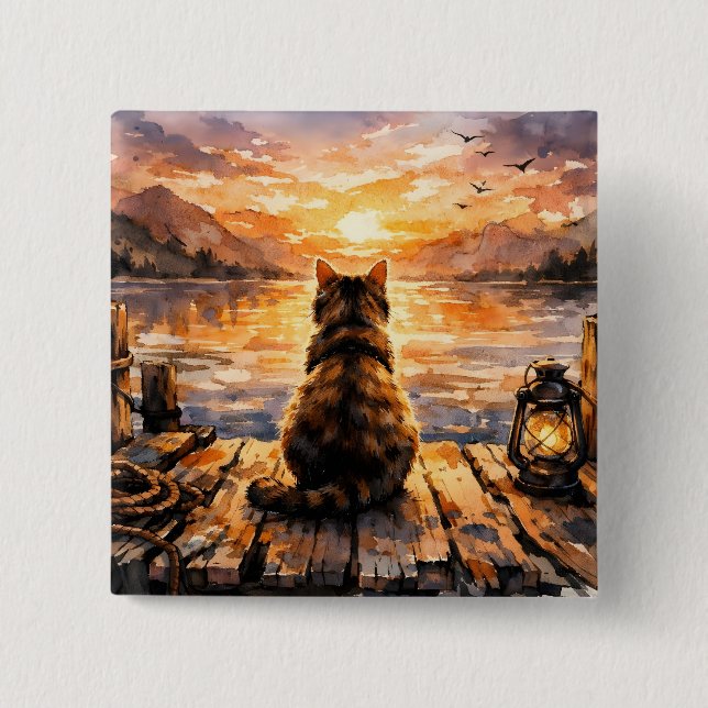 Chapa Cuadrada Gato en muelle al atardecer (Anverso)