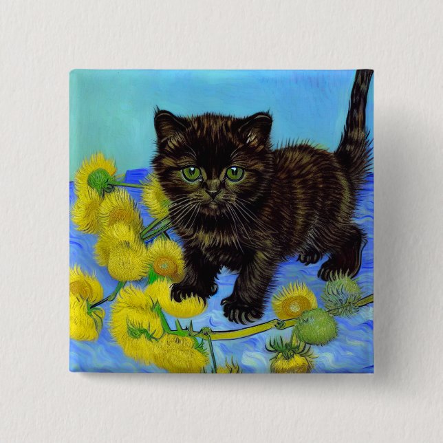 Chapa Cuadrada Gato estilo Van Gogh con girasoles (Anverso)