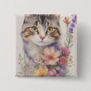 Chapa Cuadrada Gato floral a la acuarela lindo