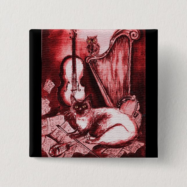 Chapa Cuadrada GATO MUSICAL CON OWL, rojo, blanco negro (Anverso)