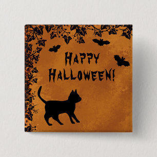 Chapa Cuadrada Gato negro con murciélago, Feliz Halloween