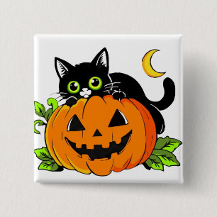 Chapa Cuadrada Gato negro lindo en calabaza Jack-O'-Lantern de Ha