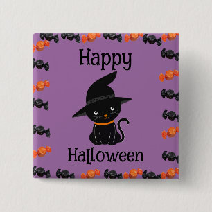 Chapa Cuadrada Gato negro lindo en sombrero de bruja Feliz Hallow