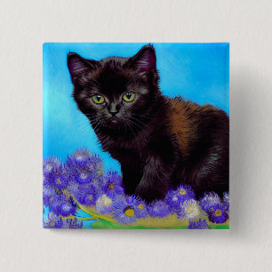 Chapa Cuadrada Gato Van Gogh y flores