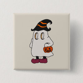 Chapa Cuadrada Ghost holding pumpkin and wearing witch hat