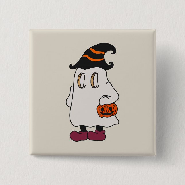 Chapa Cuadrada Ghost holding pumpkin and wearing witch hat (Anverso)