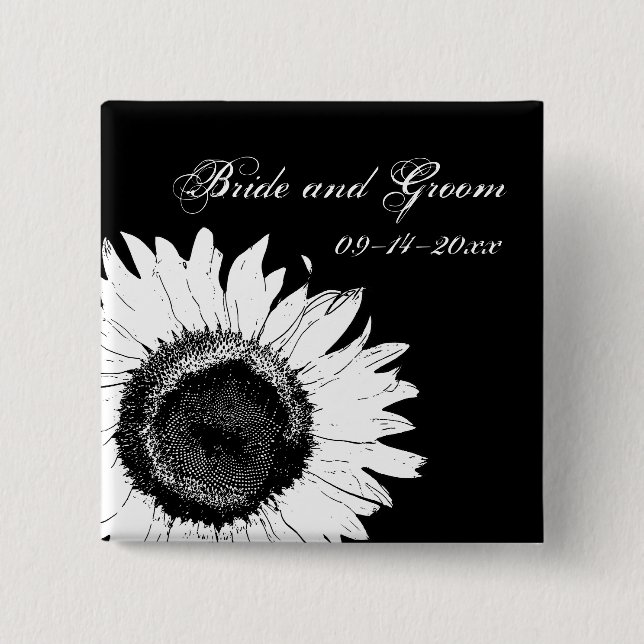 Chapa Cuadrada Girasol blanco sobre Boda negro (Anverso)