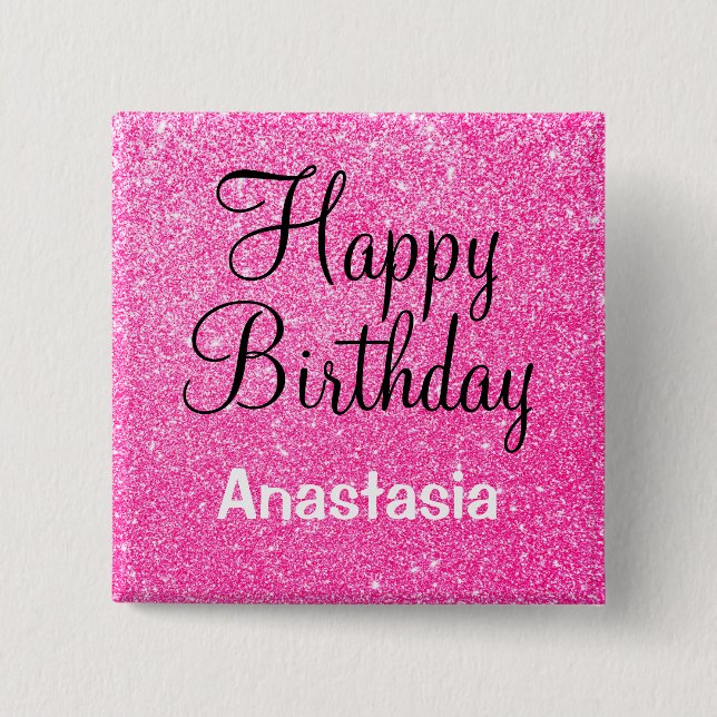 Chapa Cuadrada Glam Happy Birday Hot Pink Purpurina Sparkle Name (Anverso)