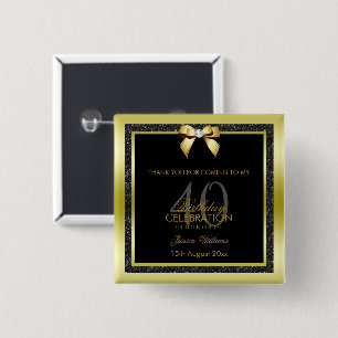 Chapa Cuadrada Glamoroso Oro Bow y Purpurina Negra 40 cumpleaños