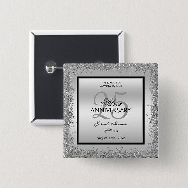 Chapa Cuadrada Glitzy Silver y Black 25º Aniversario del Boda (Anverso y reverso)