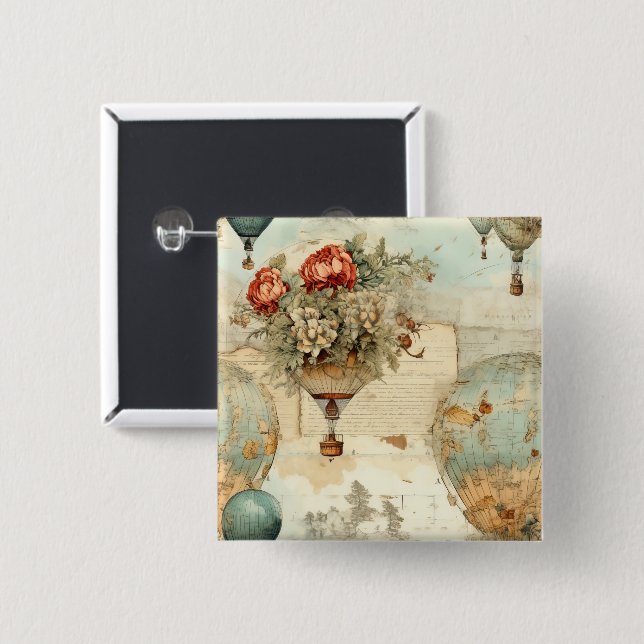 Chapa Cuadrada Globo de aire caliente de época en un paisaje sere (Anverso y reverso)