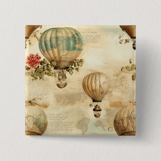 Chapa Cuadrada Globo de aire caliente de época en un paisaje sere (Anverso)