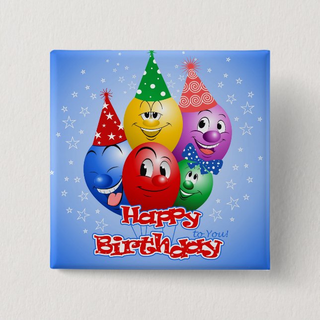 Chapa Cuadrada Globos divertidos de cumpleaños, (Anverso)