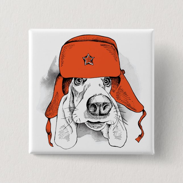 Chapa Cuadrada Gorra rojo de Basset Hound el | Ushanka (Anverso)