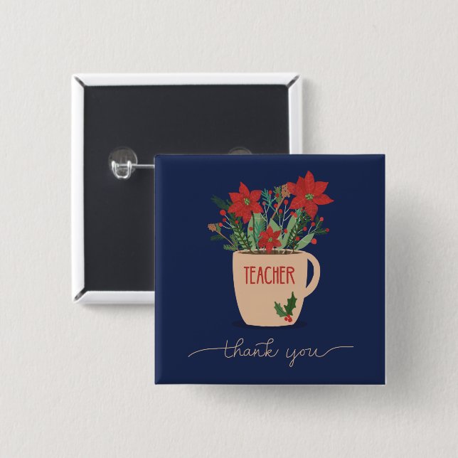 Chapa Cuadrada Gracias profesor a los Navidades Poinsettias (Anverso y reverso)