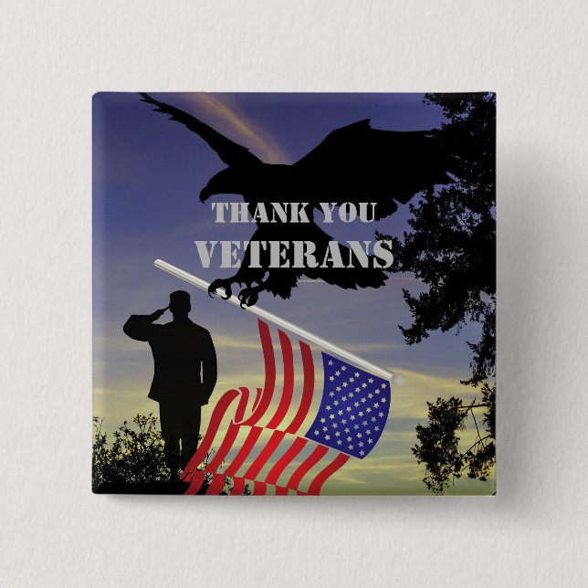 Chapa Cuadrada Gracias Veterans American Eagle Pinback (Anverso)