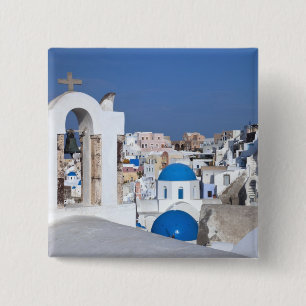 Chapa Cuadrada Grecia, Santorini. Campanario y cúpulas azules de 