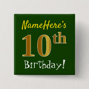Chapa Cuadrada Green, Faux Gold 10th Birthday, con nombre persona