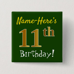 Chapa Cuadrada Green, Faux Gold 11th Birthday, con nombre persona