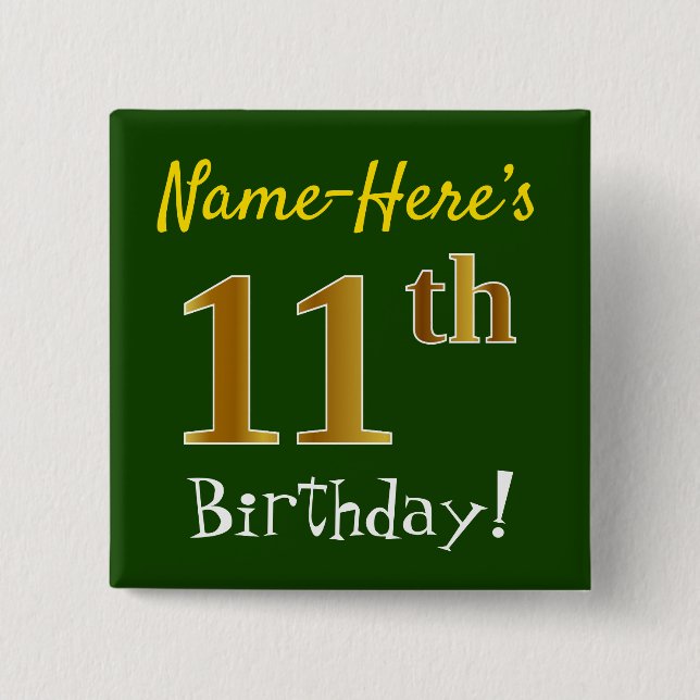 Chapa Cuadrada Green, Faux Gold 11th Birthday, con nombre persona (Anverso)