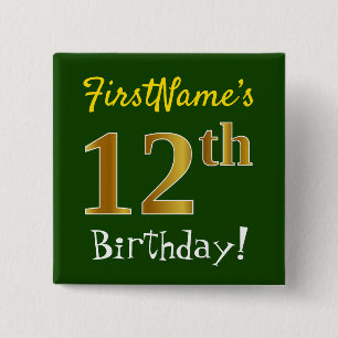 Chapa Cuadrada Green, Faux Gold 12th Birthday, con nombre persona
