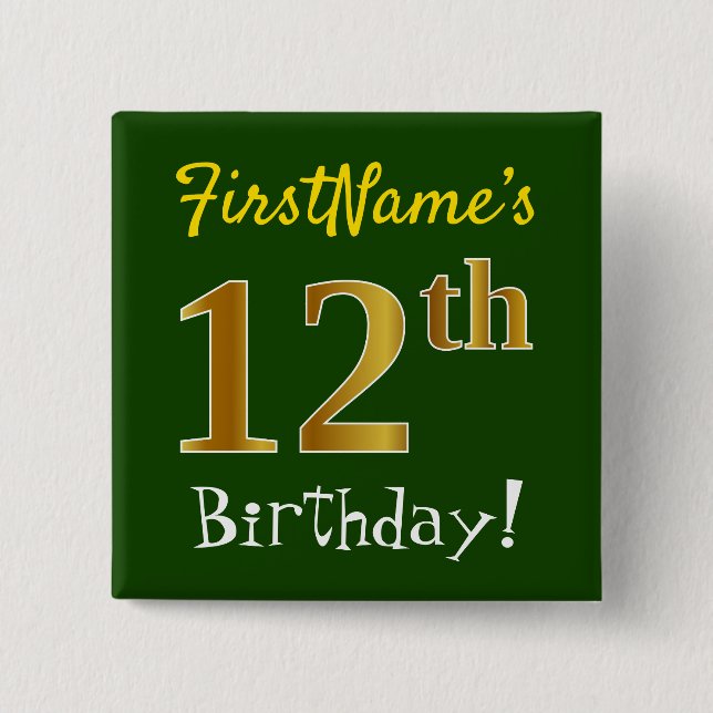 Chapa Cuadrada Green, Faux Gold 12th Birthday, con nombre persona (Anverso)