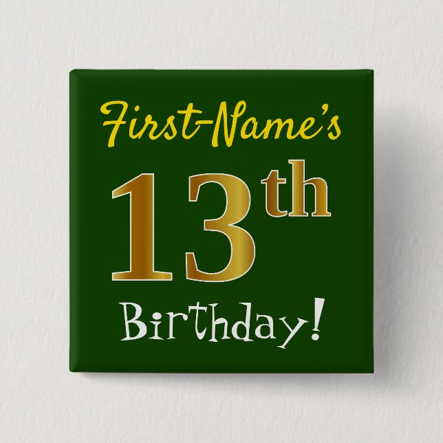 Chapa Cuadrada Green, Faux Gold 13th Birthday, con nombre persona (Anverso)