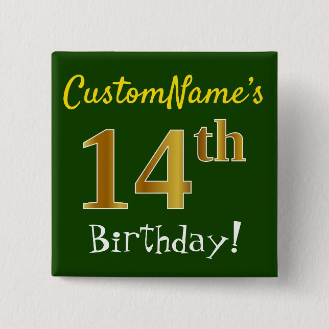 Chapa Cuadrada Green, Faux Gold 14th Birthday, con nombre persona (Anverso)