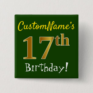 Chapa Cuadrada Green, Faux Gold 17th Birthday, con nombre persona
