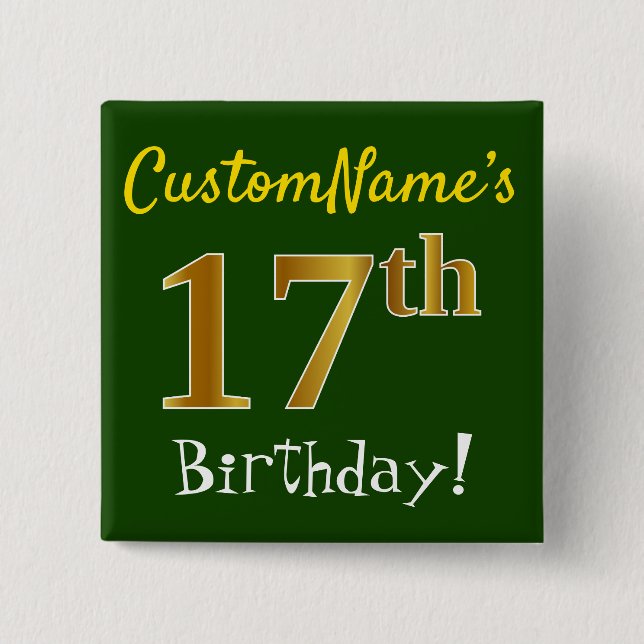 Chapa Cuadrada Green, Faux Gold 17th Birthday, con nombre persona (Anverso)
