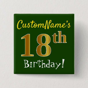 Chapa Cuadrada Green, Faux Gold 18th Birthday, con nombre persona