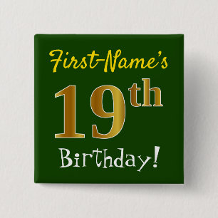 Chapa Cuadrada Green, Faux Gold 19th Birthday, con nombre persona