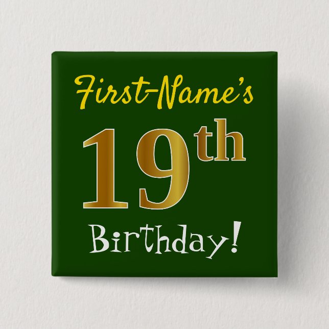 Chapa Cuadrada Green, Faux Gold 19th Birthday, con nombre persona (Anverso)