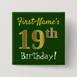 Chapa Cuadrada Green, Faux Gold 19th Birthday, con nombre persona