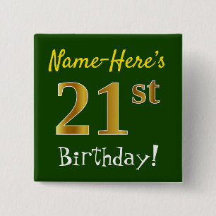 Chapa Cuadrada Green, Faux Gold 21st Birthday, con nombre persona