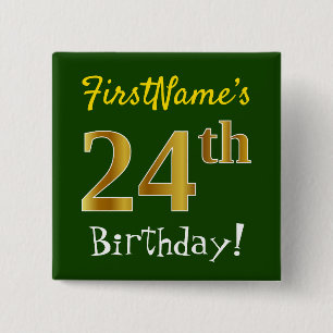 Chapa Cuadrada Green, Faux Gold 24th Birthday, con nombre persona