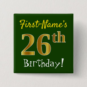 Chapa Cuadrada Green, Faux Gold 26th Birthday, con nombre persona