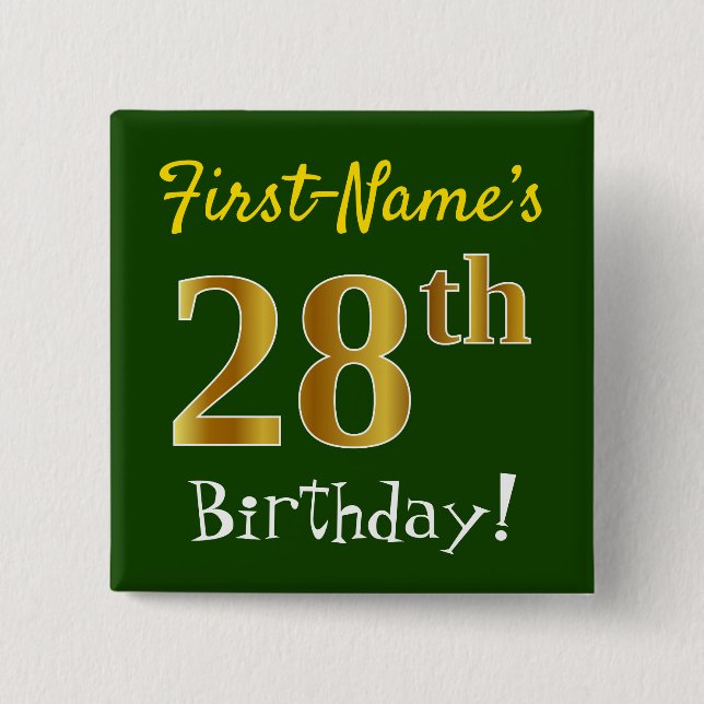 Chapa Cuadrada Green, Faux Gold 28th Birthday, con nombre persona (Anverso)