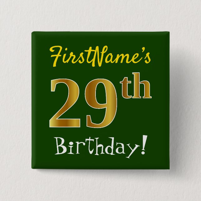 Chapa Cuadrada Green, Faux Gold 29th Birthday, con nombre persona (Anverso)