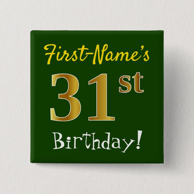 Chapa Cuadrada Green, Faux Gold 31st Birthday, con nombre persona (Anverso)