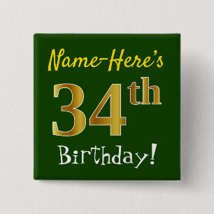 Chapa Cuadrada Green, Faux Gold 34th Birthday, With Custom Name